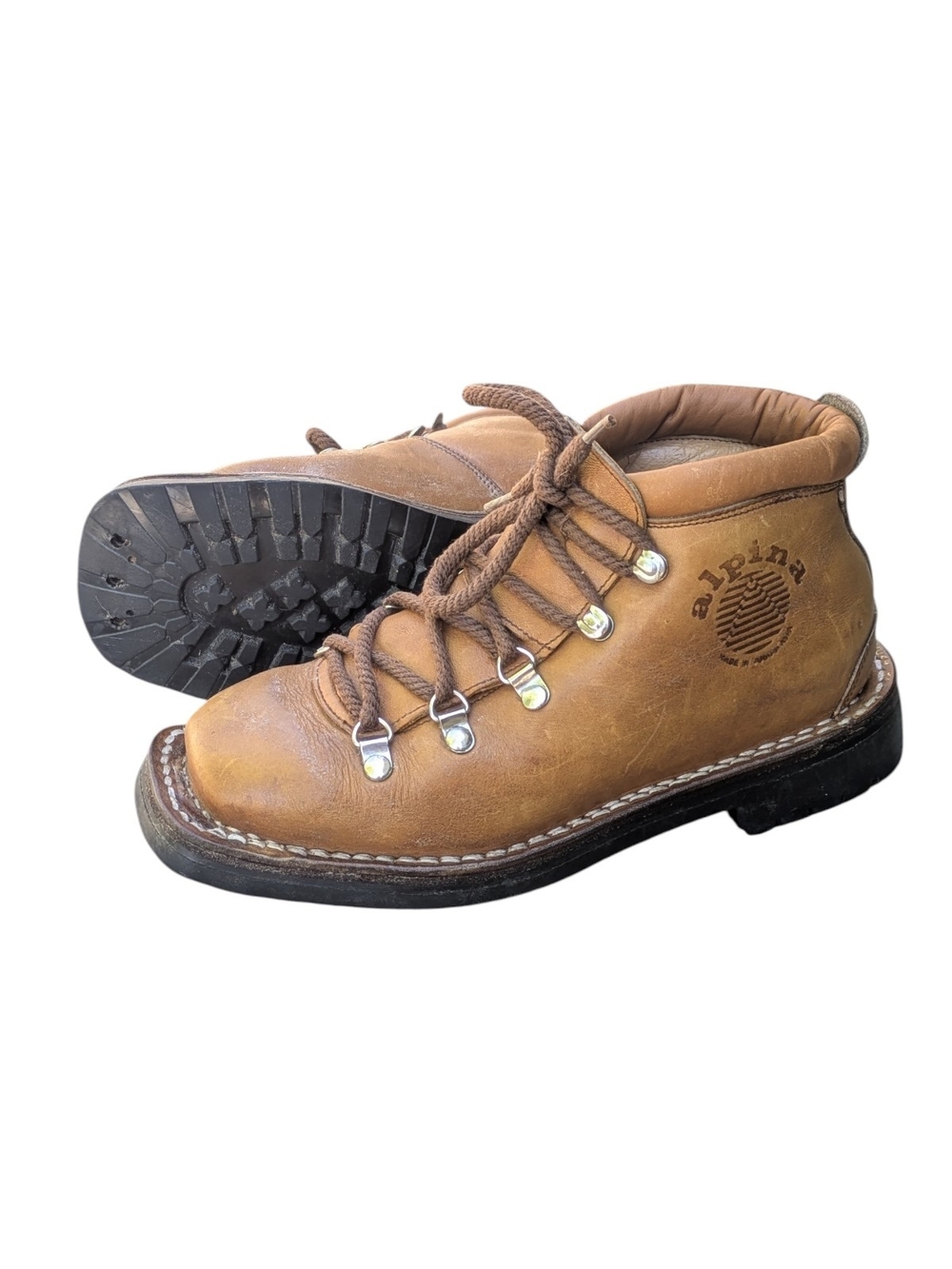Vintage Alpina Brown Leather Hiking Boots With Vibram Soles